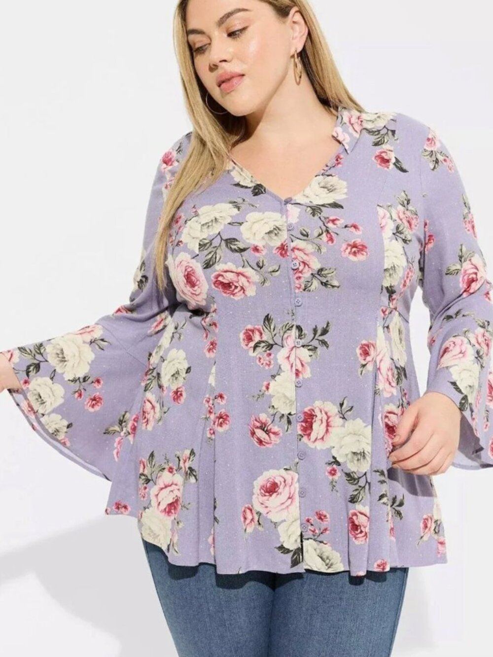 TORRID 2 Plus Size Fit and Flare Rayon Slub Button Front Top Purple Floral Boho